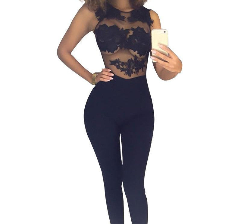 Black Elegant Sheer Floral Lace Insert Skinny Summer Leggings