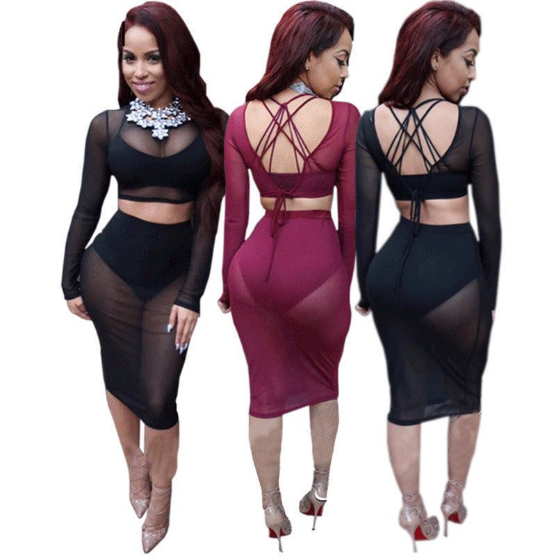 Sexy Sheer Mesh Two Piece Set Women Going Out Club Outfits Bandage