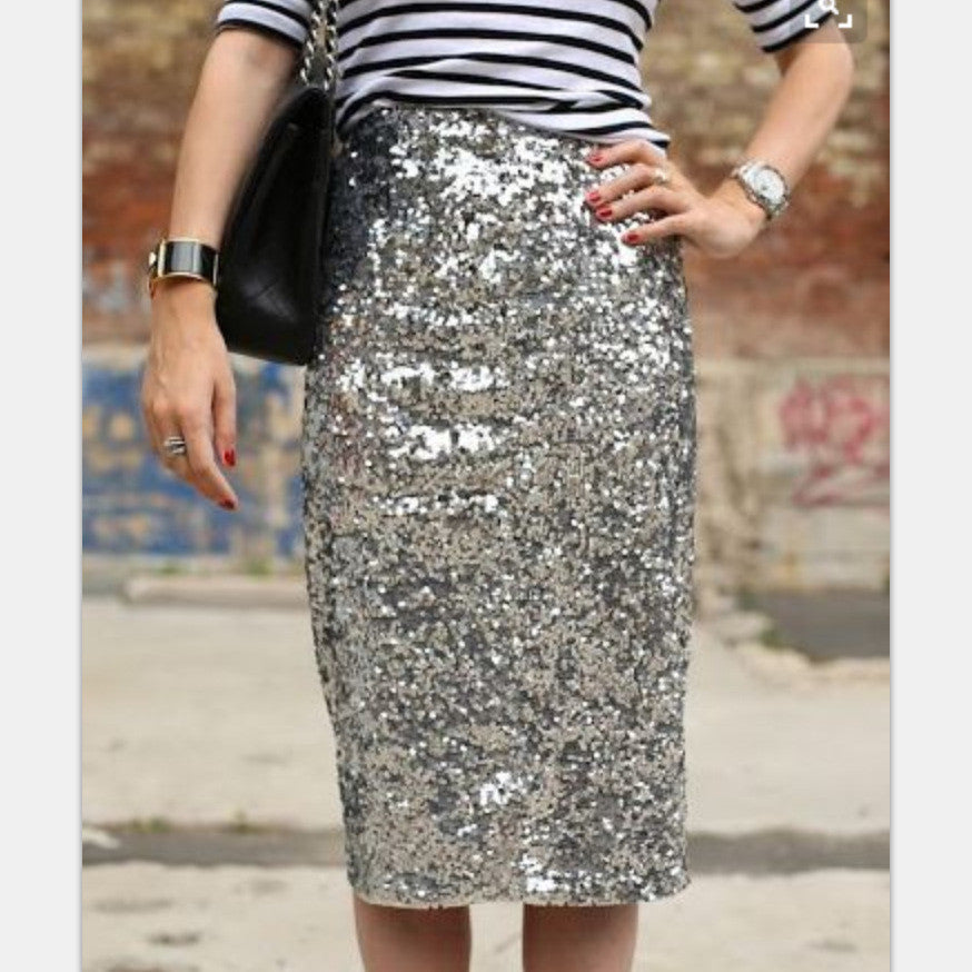 Women Bling Sequin Skirt Fashion Midi Skirt High Waist Bodycon One Ste