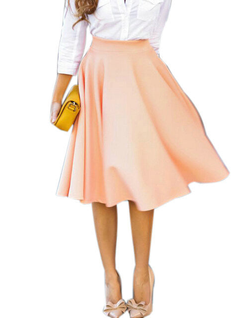 Women Perfect Peach Pink Pleats A line Flared High Waist Midi Skater S