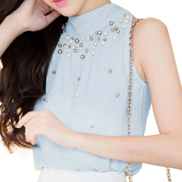 Women Beading Chiffon Shirt Fashion Sleeveless Women Chiffon Blouse Shirt Women Lace Tank Top