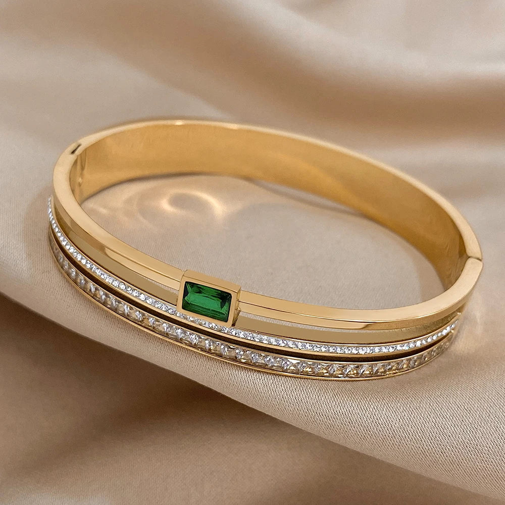 Luxury Stainless Steel Cuff Bracelet For Women Mens Gold Silver Color Couple Bracelets Green White Rhinestone Wide Bangle Gift-Dollar Bargains Online Shopping Australia