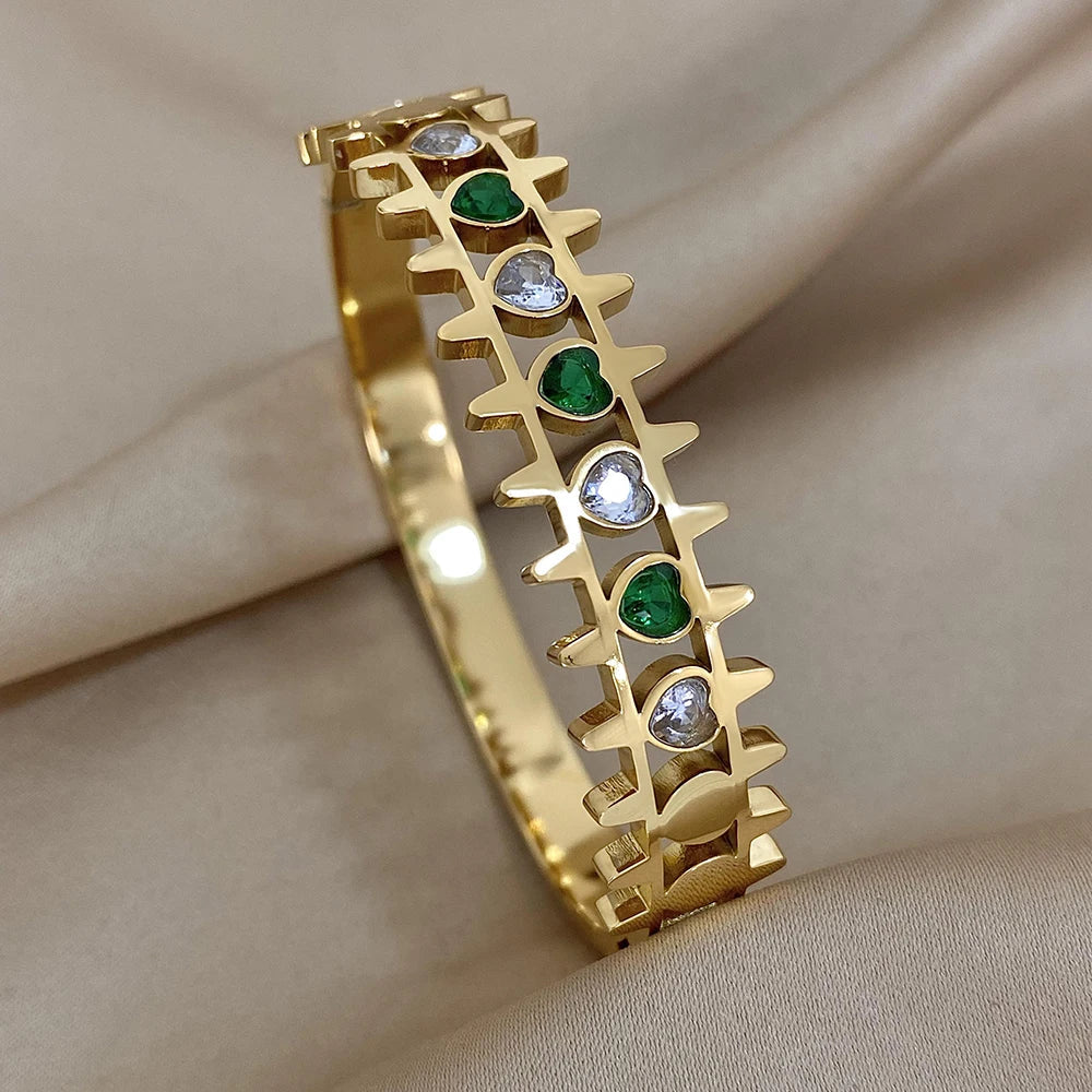 Luxury Stainless Steel Cuff Bracelet For Women Mens Gold Silver Color Couple Bracelets Green White Rhinestone Wide Bangle Gift-Dollar Bargains Online Shopping Australia