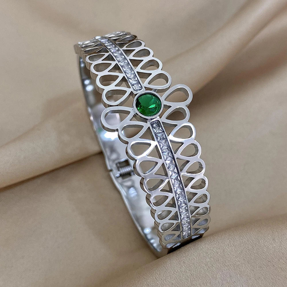 Luxury Stainless Steel Cuff Bracelet For Women Mens Gold Silver Color Couple Bracelets Green White Rhinestone Wide Bangle Gift-Dollar Bargains Online Shopping Australia