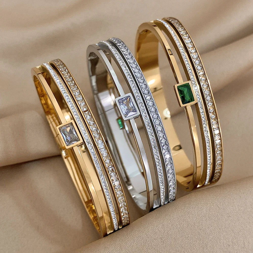 Luxury Stainless Steel Cuff Bracelet For Women Mens Gold Silver Color Couple Bracelets Green White Rhinestone Wide Bangle Gift-Dollar Bargains Online Shopping Australia