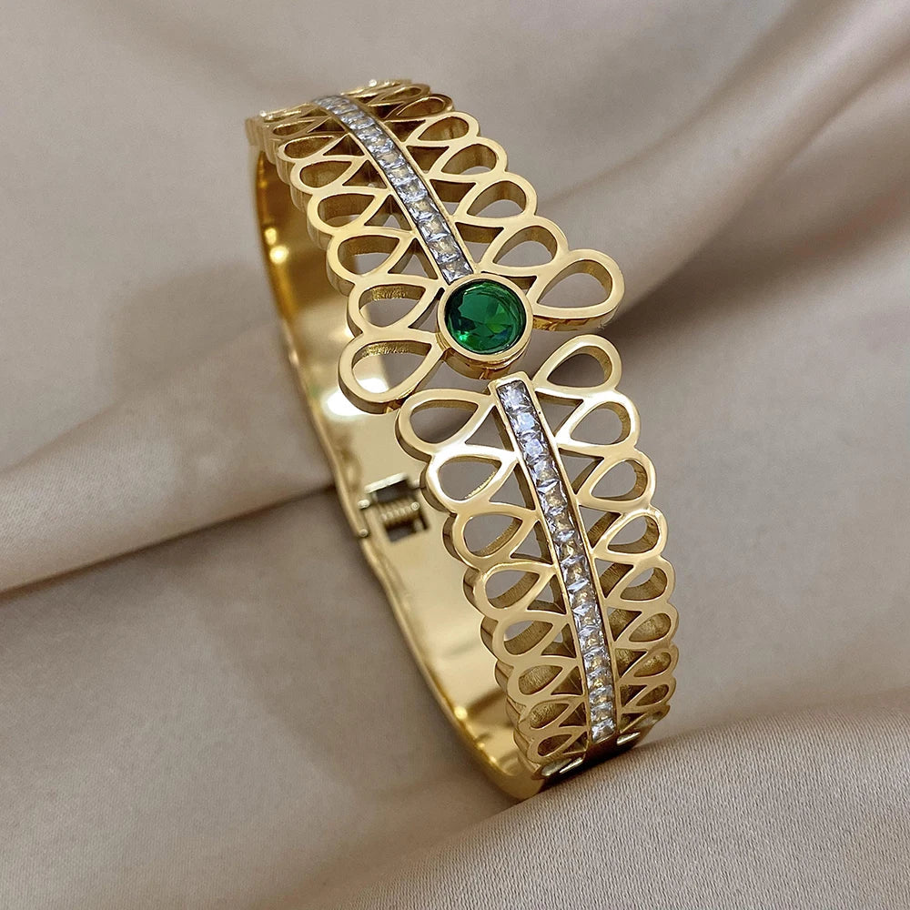 Luxury Stainless Steel Cuff Bracelet For Women Mens Gold Silver Color Couple Bracelets Green White Rhinestone Wide Bangle Gift-Dollar Bargains Online Shopping Australia