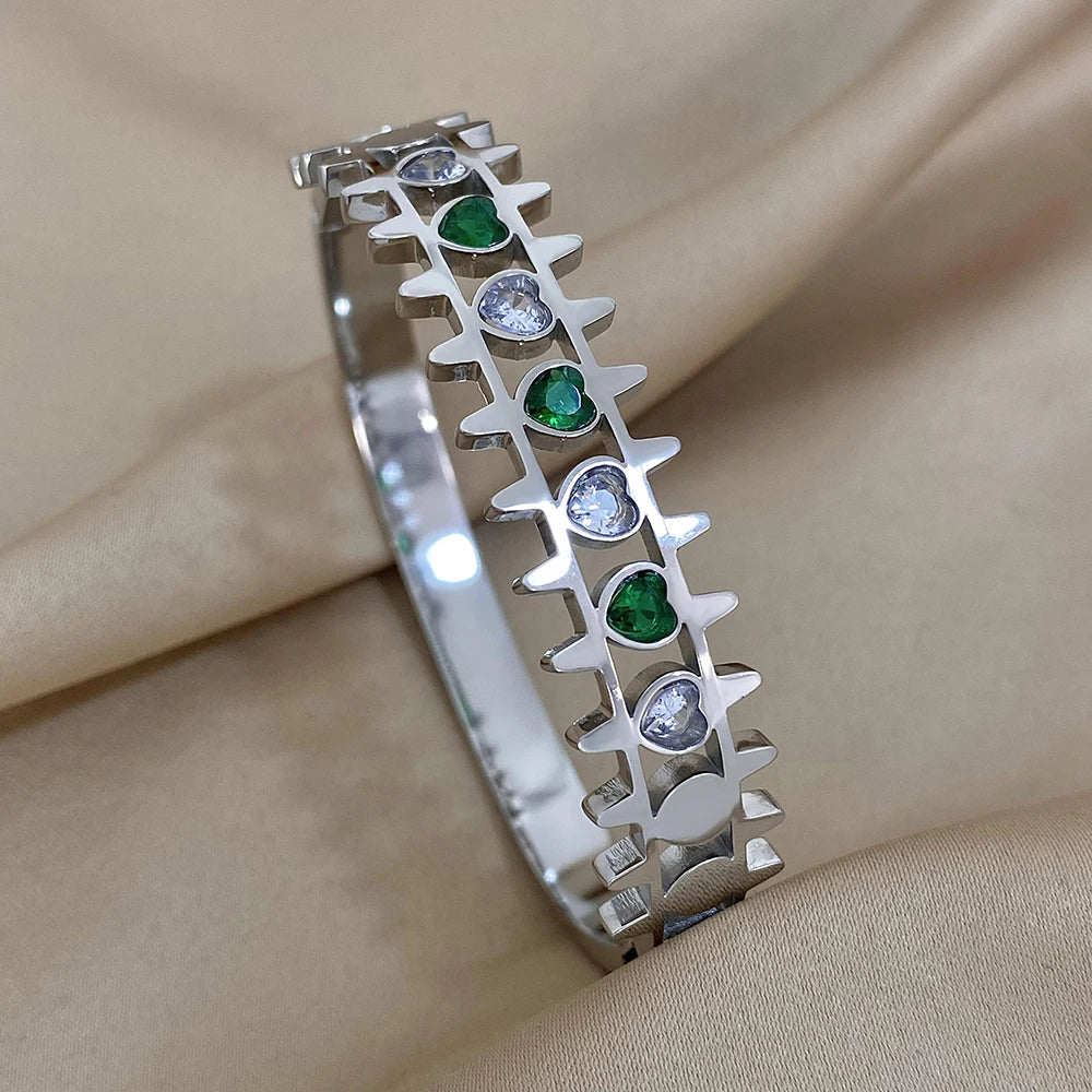 Luxury Stainless Steel Cuff Bracelet For Women Mens Gold Silver Color Couple Bracelets Green White Rhinestone Wide Bangle Gift-Dollar Bargains Online Shopping Australia