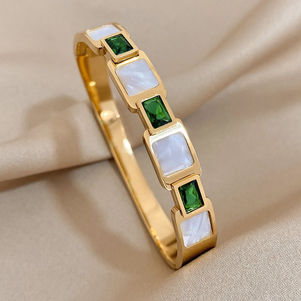 Luxury Stainless Steel Cuff Bracelet For Women Mens Gold Silver Color Couple Bracelets Green White Rhinestone Wide Bangle Gift-Dollar Bargains Online Shopping Australia