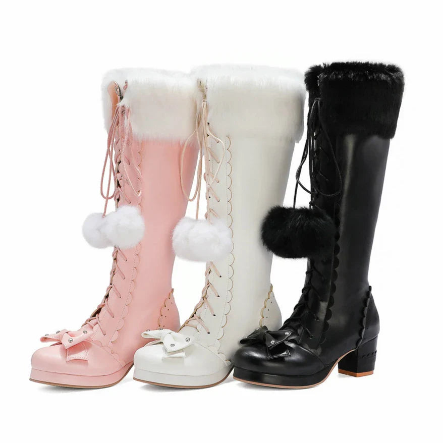 Lolita High Boots Winter Warm Fur Neck Girls Cosplay Party JK Princess Shoes Lace Up Bowtie Chunky Heel Side Zipper PU Leather-Dollar Bargains Online Shopping Australia