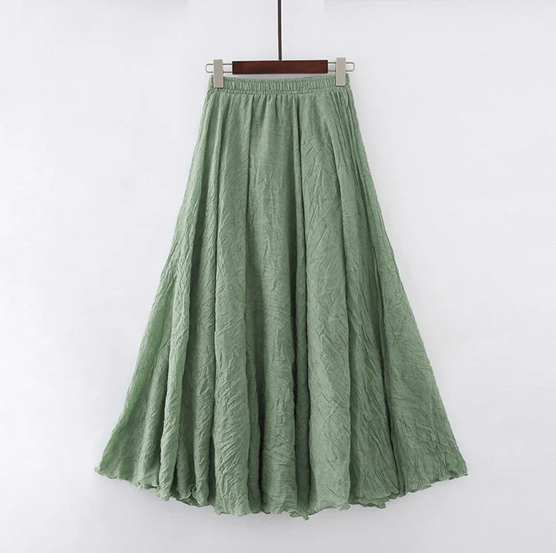 Cotton Linen Maxi Skirt Women Elastic High Waist Pleated A-Line Beach Skirts Boho-Dollar Bargains Online Shopping Australia