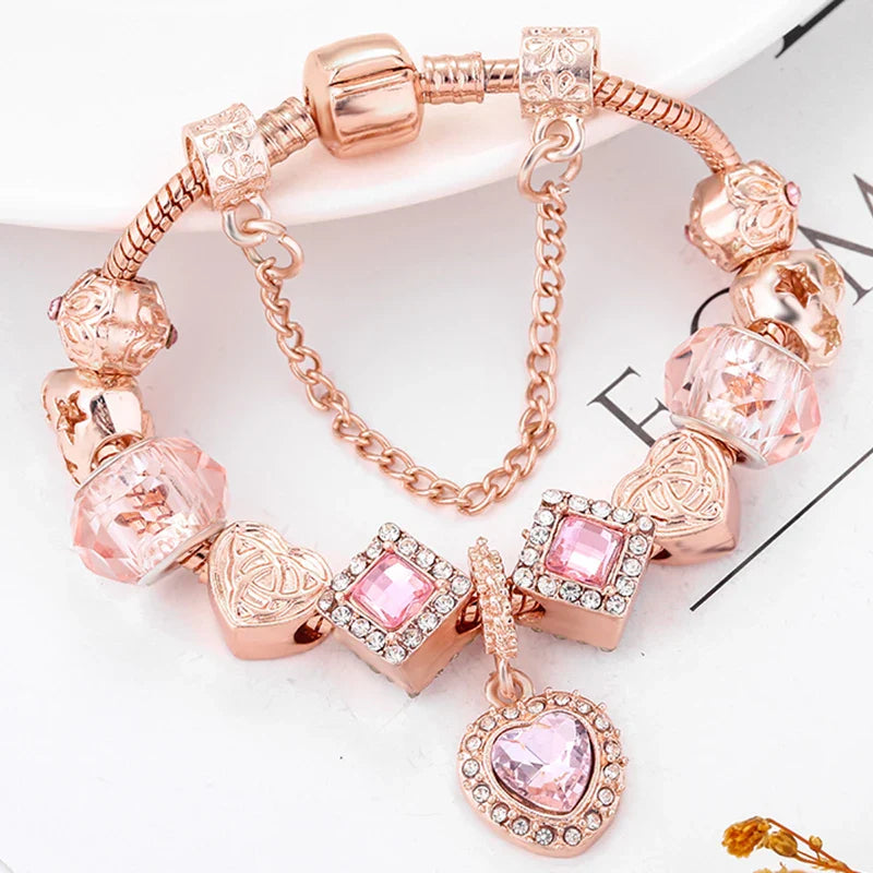 Heart & Key Pendant Rose Gold Color Fine Bracelets & Bangles Ferris Wheel Beads Charm Bracelet For Women Jewelry Gift-Dollar Bargains Online Shopping Australia