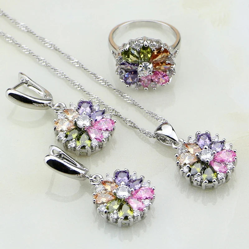 925 Sterling Silver Jewelry Multicolor Stones Cubic Zirconia Jewelry Sets For Women Earrings/Pendant/Necklace/Ring/Bracelet-Dollar Bargains Online Shopping Australia