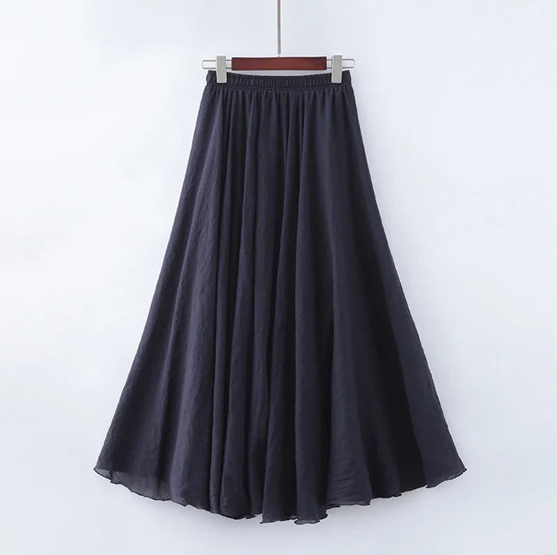 Cotton Linen Maxi Skirt Women Elastic High Waist Pleated A-Line Beach Skirts Boho-Dollar Bargains Online Shopping Australia