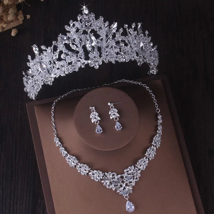 Silver Color Crystal Bridal Jewelry Sets Fashion Tiaras Crown Earrings Choker Necklace Women Wedding Dress Jewelry Set-Dollar Bargains Online Shopping Australia