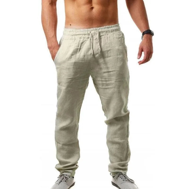 Men's Cotton Linen Pants Male Casual Breathable Solid Color Linen Trousers Fitness Streetwear