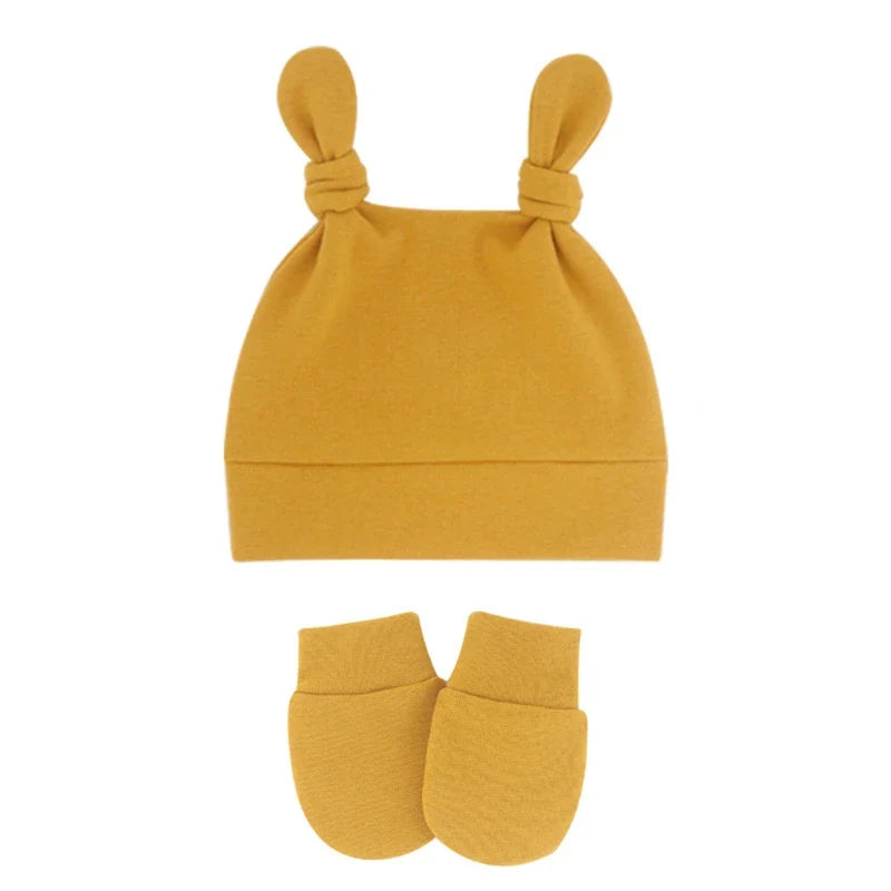 Baby Cute Top Knot Rabbit Ears Beanies Hospital Hat and Mittens Set Newborn Infant Solid Color Stretchy Warm-Dollar Bargains Online Shopping Australia