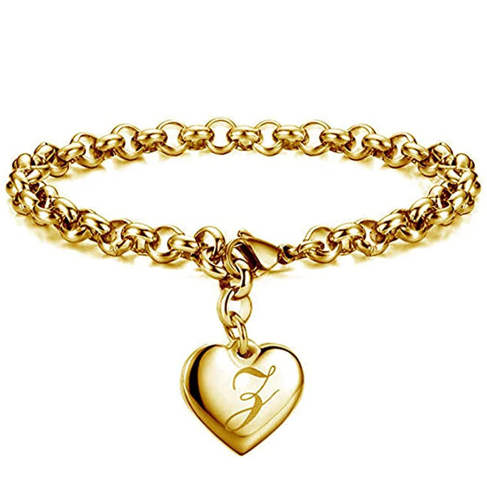 Initial Charm Gold-Color Bracelets Stainless Steel Heart 26 Letters Alphabet Bracelet for Women Girls Kids Gifts-Dollar Bargains Online Shopping Australia