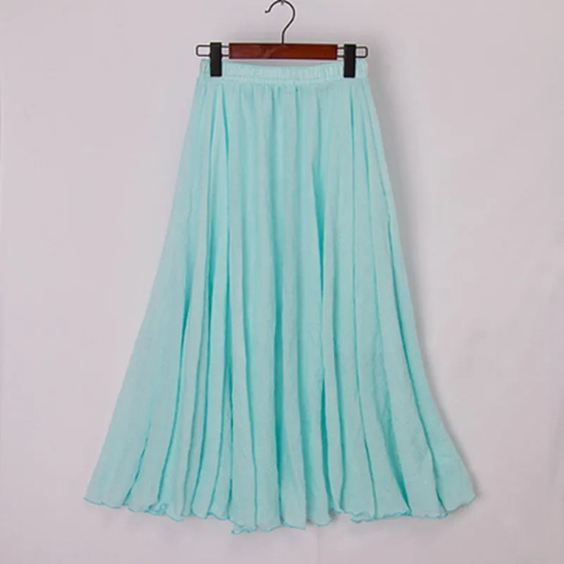 Cotton Linen Maxi Skirt Women Elastic High Waist Pleated A-Line Beach Skirts Boho-Dollar Bargains Online Shopping Australia