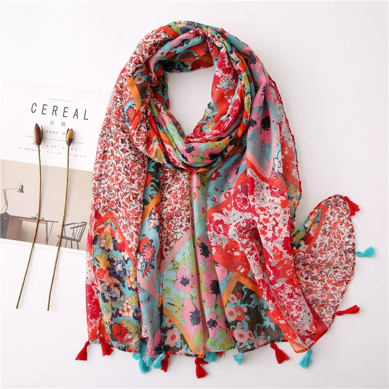 Polka Floral Fringe Viscose Shawl Scarf Lady High Quality Wrap Headband Muslim Hijab-Dollar Bargains Online Shopping Australia