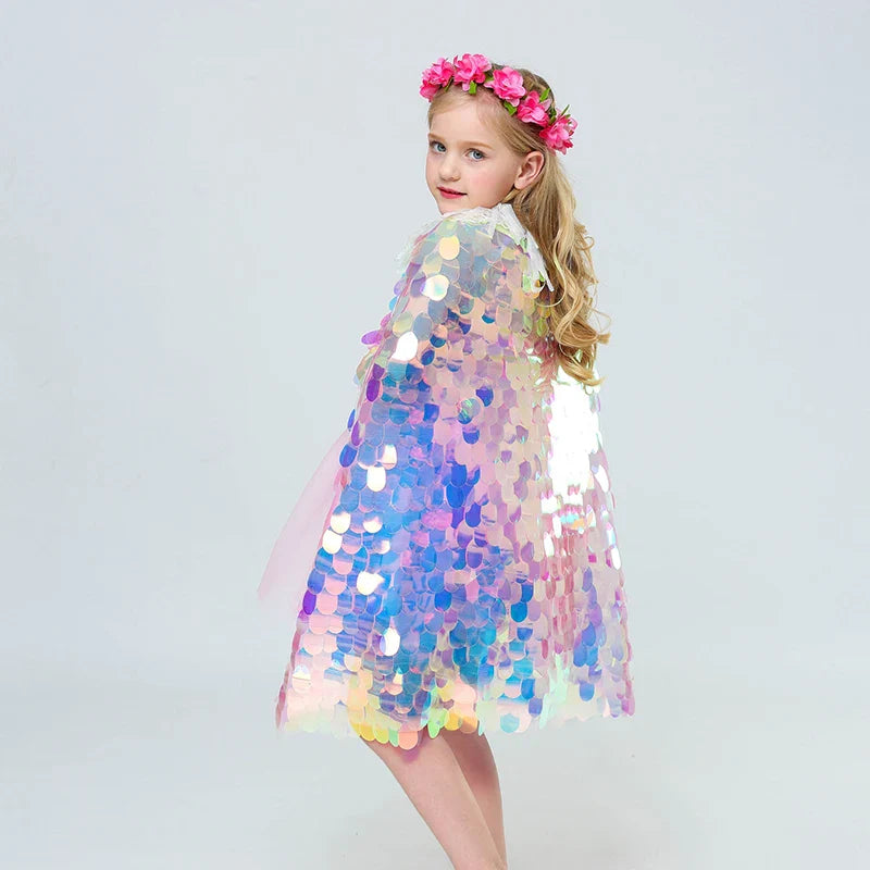 Fashion Glitter Multicolor Sequins Shawl Shiny Girls Cloak Blingbling Fairy Princess Cape Christmas Party Halloween Kids Clothes-Dollar Bargains Online Shopping Australia