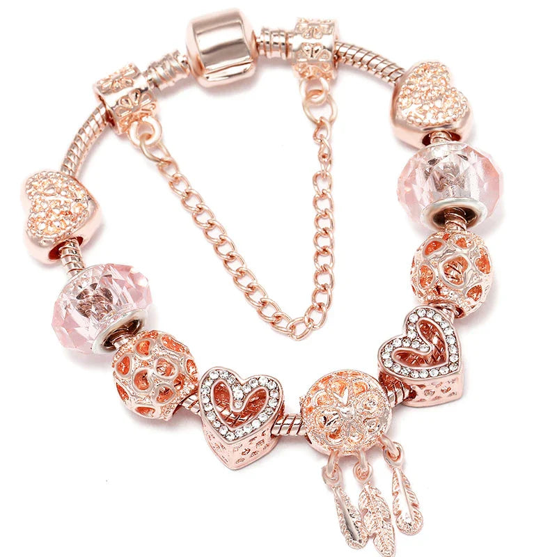 Heart & Key Pendant Rose Gold Color Fine Bracelets & Bangles Ferris Wheel Beads Charm Bracelet For Women Jewelry Gift-Dollar Bargains Online Shopping Australia