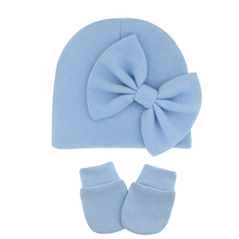 Infant Comfortable Warm Knitting Hat and Glove Set Solid Color Bows Newborn Cap Baby Anti-eat Hand Anti-Grab Face Protect Mitten-Dollar Bargains Online Shopping Australia