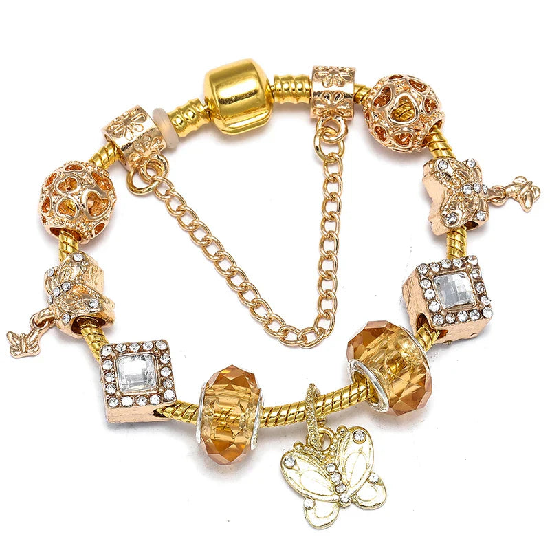 Luxury Crystal Bees Gold Color Charm Bracelet For Girl Murano Glass Beads Fine Bracelet For Women Couple DIY Jewelry Gift-Dollar Bargains Online Shopping Australia