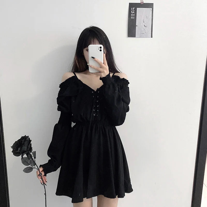 Women Dress Lace Up High Waist Femme Dresses Off Shoulder Long Sleeve Gothic Clothes-Dollar Bargains Online Shopping Australia