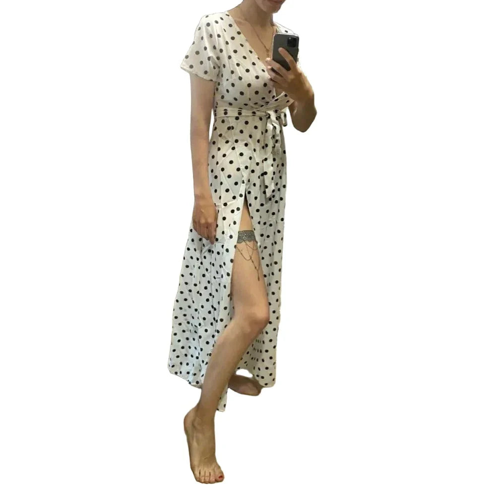 Boho Polka Dot Long Dresses Women Split Short Sleeve Summer Casual Dress Maxi Dress-Dollar Bargains Online Shopping Australia