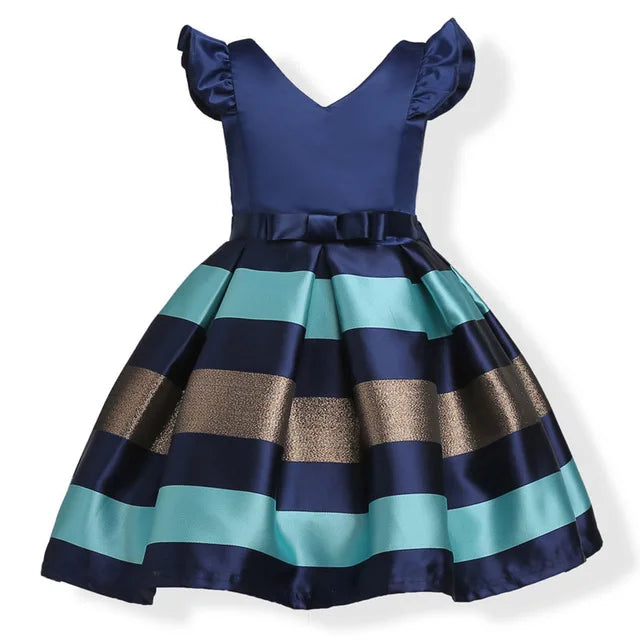 Girls Striped Flying Sleeve Bow Knot Colored Dress Birthday Party Wedding Flower-Dollar Bargains Online Shopping Australia