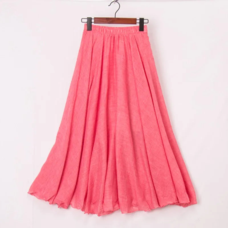 Cotton Linen Maxi Skirt Women Elastic High Waist Pleated A-Line Beach Skirts Boho-Dollar Bargains Online Shopping Australia