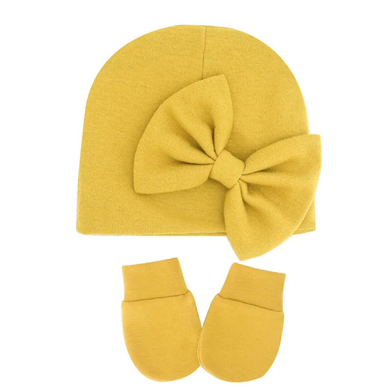 Infant Comfortable Warm Knitting Hat and Glove Set Solid Color Bows Newborn Cap Baby Anti-eat Hand Anti-Grab Face Protect Mitten-Dollar Bargains Online Shopping Australia