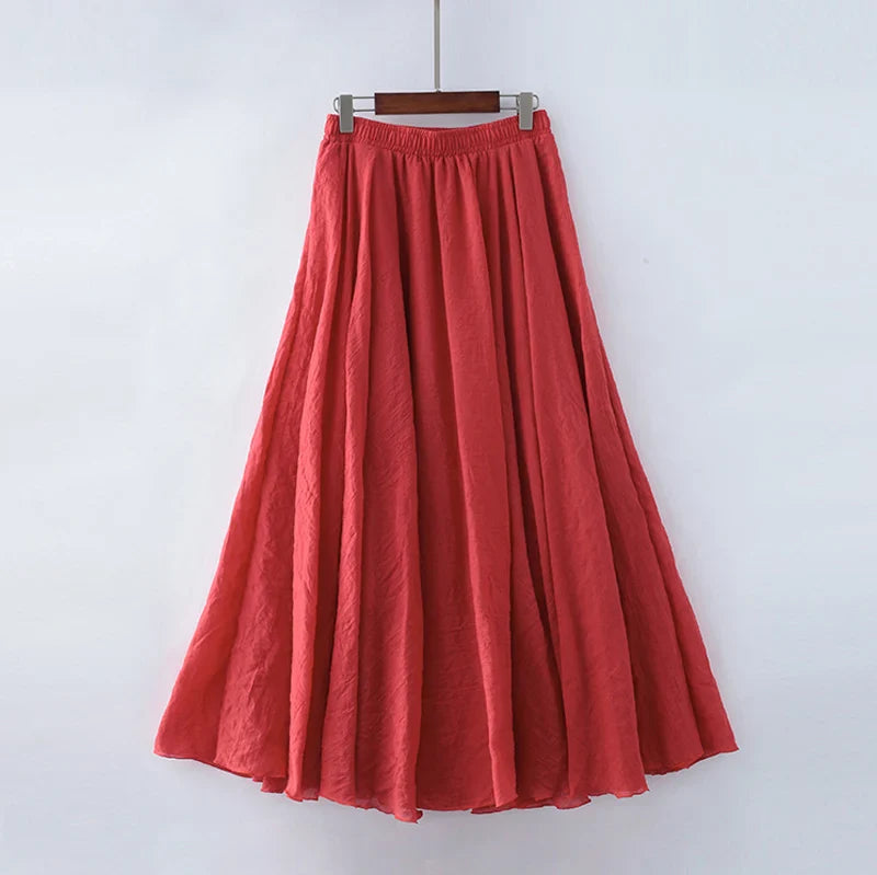 Cotton Linen Maxi Skirt Women Elastic High Waist Pleated A-Line Beach Skirts Boho-Dollar Bargains Online Shopping Australia