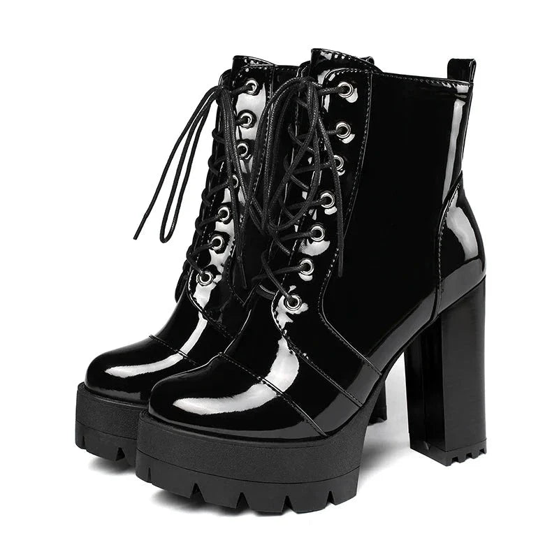 Thick High Heeled Female Patent Leather Ankle Boots Round Toe Lace-up Zipper Women Short Boots Gothic Women Shoes-Dollar Bargains Online Shopping Australia