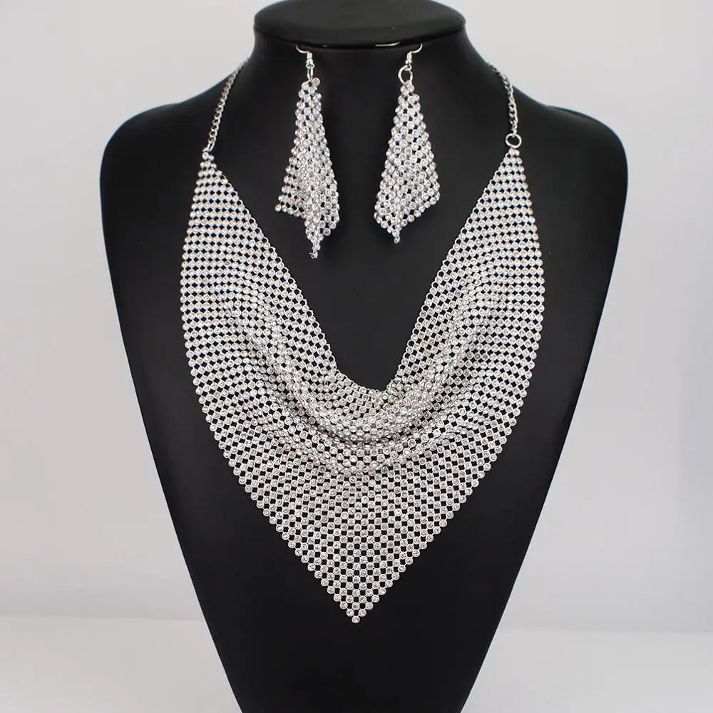 Rhinestone Metal Slice Bib Choker Necklaces Earrings Party Wedding Fashion Jewelry Sets-Dollar Bargains Online Shopping Australia