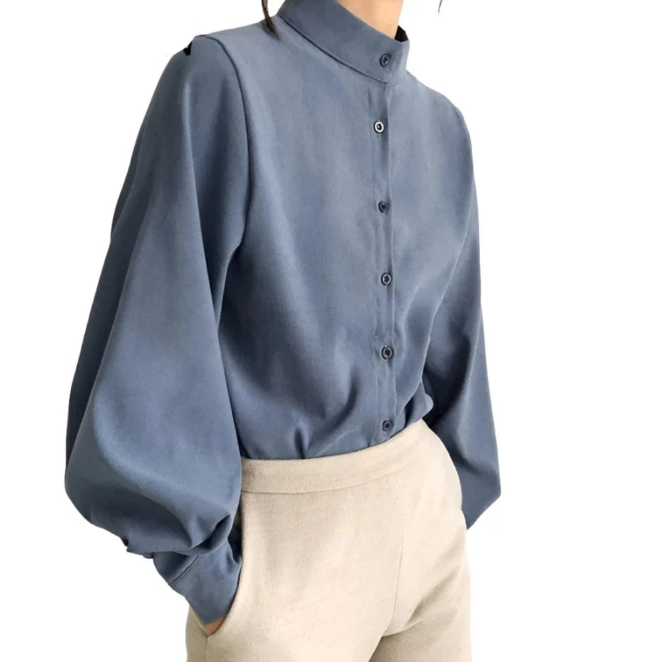 Big Lantern Sleeve Blouse Women Autumn Winter Single Breasted Stand Collar Shirts Office Work Blouse Solid Vintage Blouse Shirts-Dollar Bargains Online Shopping Australia