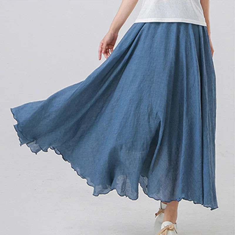 Cotton Linen Maxi Skirt Women Elastic High Waist Pleated A-Line Beach Skirts Boho-Dollar Bargains Online Shopping Australia