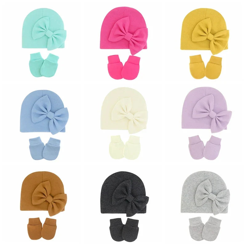 Infant Comfortable Warm Knitting Hat and Glove Set Solid Color Bows Newborn Cap Baby Anti-eat Hand Anti-Grab Face Protect Mitten-Dollar Bargains Online Shopping Australia