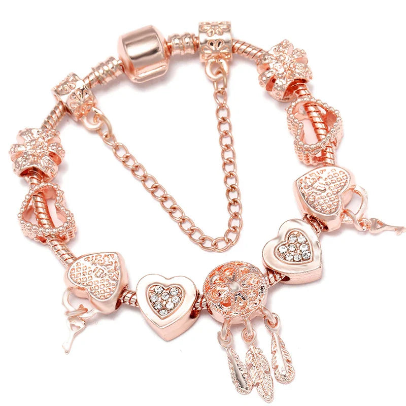 Heart & Key Pendant Rose Gold Color Fine Bracelets & Bangles Ferris Wheel Beads Charm Bracelet For Women Jewelry Gift-Dollar Bargains Online Shopping Australia