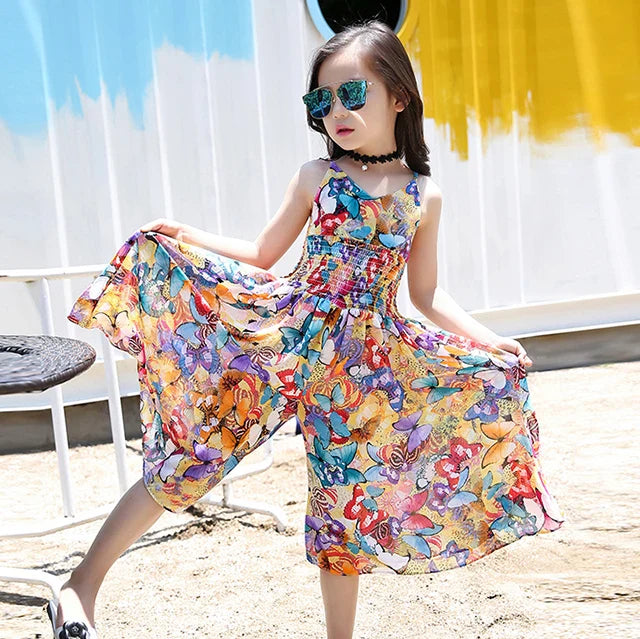 Bohemian Girls Flower Dress Kids Girl Beach Dresses Chiffon Kids Dresses Floral Teenager Girls-Dollar Bargains Online Shopping Australia