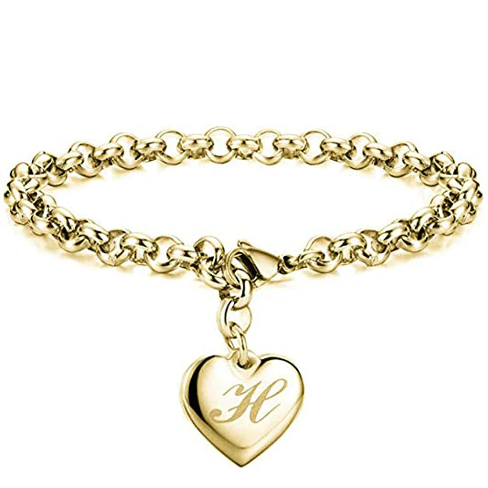 Initial Charm Gold-Color Bracelets Stainless Steel Heart 26 Letters Alphabet Bracelet for Women Girls Kids Gifts-Dollar Bargains Online Shopping Australia