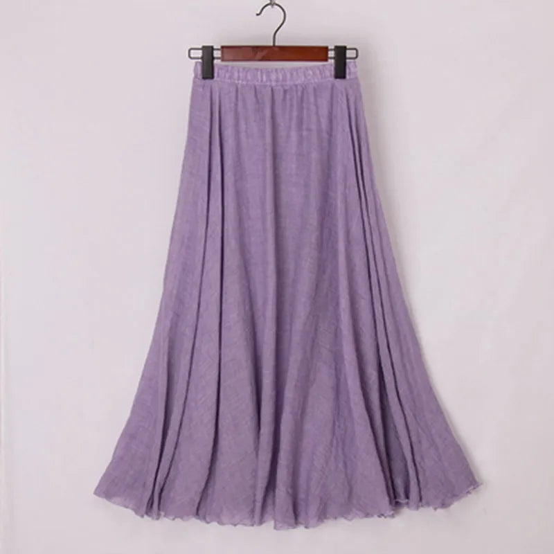 Cotton Linen Maxi Skirt Women Elastic High Waist Pleated A-Line Beach Skirts Boho-Dollar Bargains Online Shopping Australia