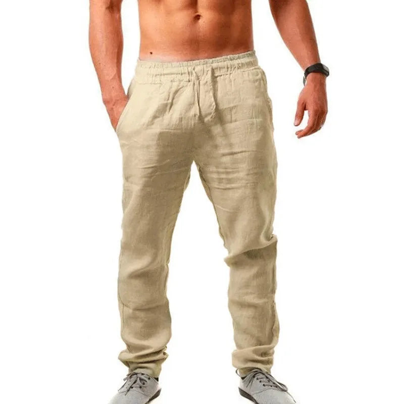 Men's Cotton Linen Pants Male Casual Breathable Solid Color Linen Trousers Fitness Streetwear