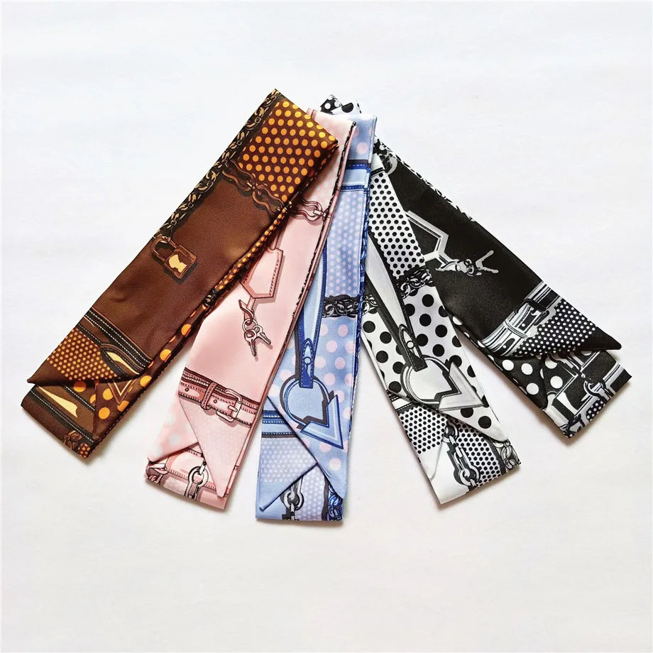 Skinny Silk Scarf Bag Scarf For Women Plaid Dot Chain Head Scarf Long Handle Bag Scarves Wraps