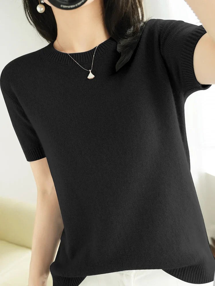 Short-sleeved Knitwear Women O-neck T-shirt Wool Cotton Blend Pullover Vest Sprig Summer Bottoming Tops Sweater Solid Soft-Dollar Bargains Online Shopping Australia