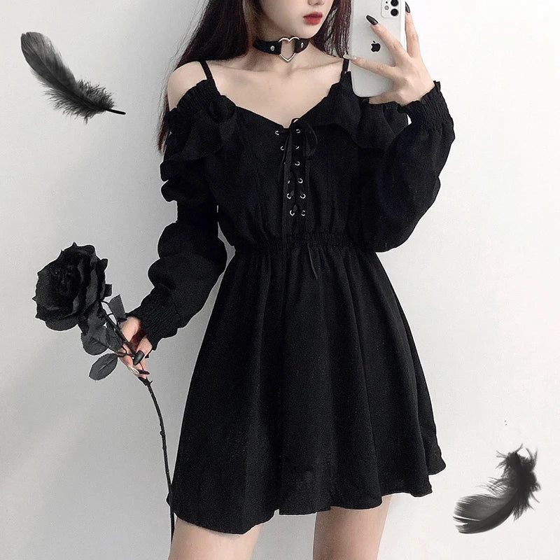 Women Dress Lace Up High Waist Femme Dresses Off Shoulder Long Sleeve Gothic Clothes-Dollar Bargains Online Shopping Australia