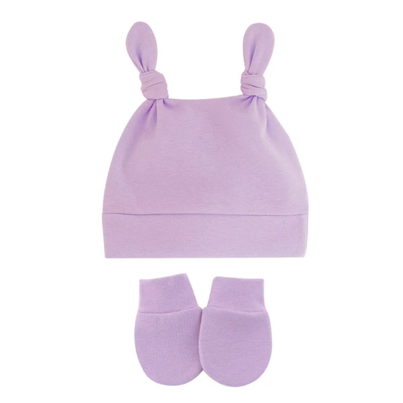 Baby Cute Top Knot Rabbit Ears Beanies Hospital Hat and Mittens Set Newborn Infant Solid Color Stretchy Warm-Dollar Bargains Online Shopping Australia