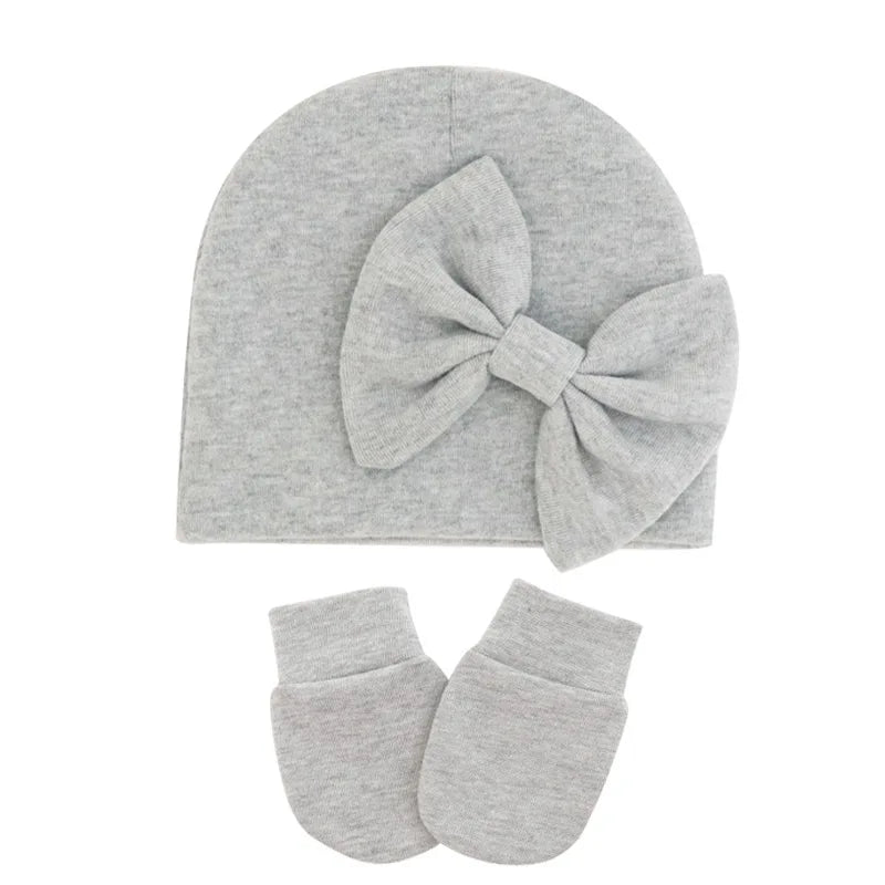 Infant Comfortable Warm Knitting Hat and Glove Set Solid Color Bows Newborn Cap Baby Anti-eat Hand Anti-Grab Face Protect Mitten-Dollar Bargains Online Shopping Australia