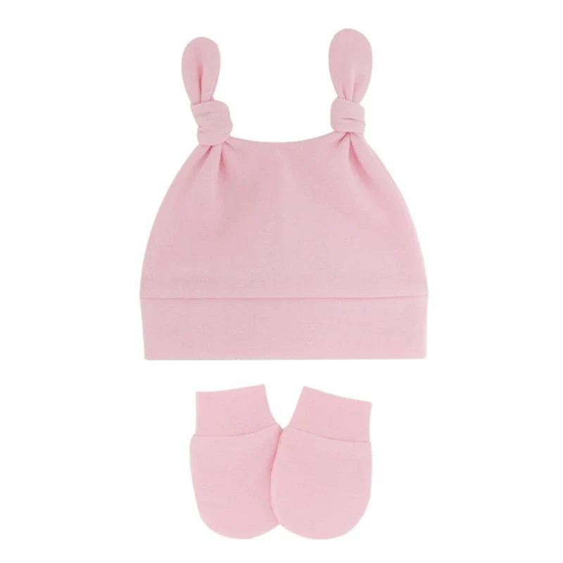 Baby Cute Top Knot Rabbit Ears Beanies Hospital Hat and Mittens Set Newborn Infant Solid Color Stretchy Warm-Dollar Bargains Online Shopping Australia