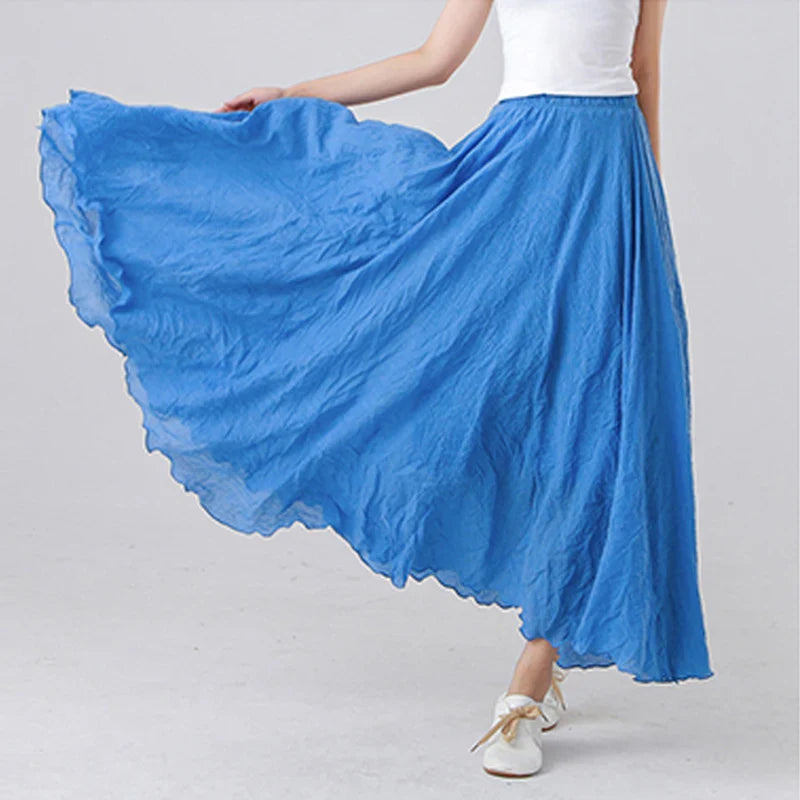 Cotton Linen Maxi Skirt Women Elastic High Waist Pleated A-Line Beach Skirts Boho-Dollar Bargains Online Shopping Australia